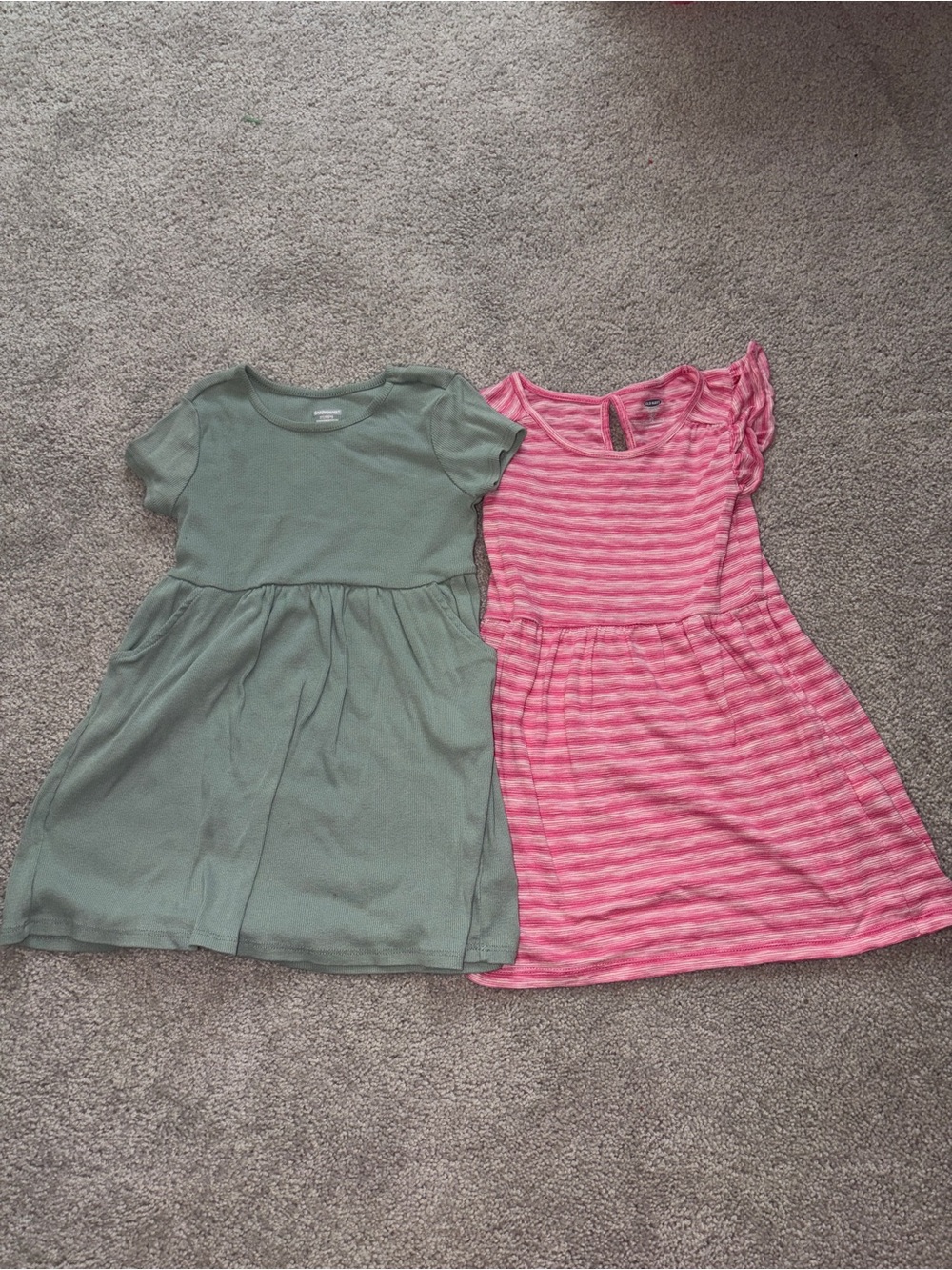 Sage Green Short-Sleeve Dress + Pink Striped Ruffle-Sleeve Dress